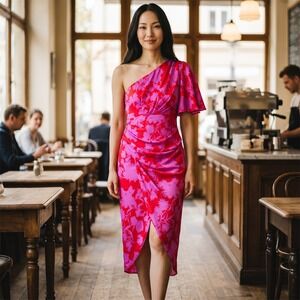 DO+BE One-Shoulder Pink and Magenta Floral Midi Dress
